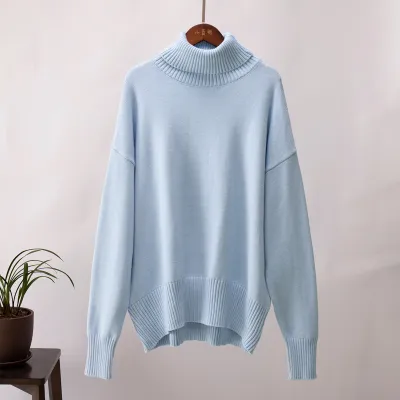 Autumn Winter Women Solid Color Turtleneck Long Sleeve Pullover Sweater