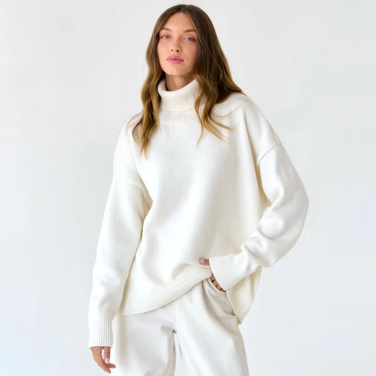 Autumn Winter Women Solid Color Turtleneck Long Sleeve Pullover Sweater