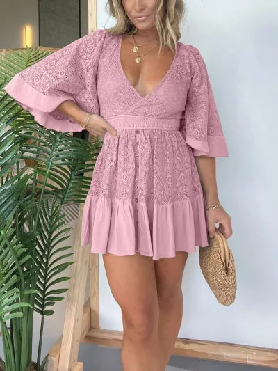 Summer Women Fashion Sexy Deep V Lace Patchwork Bat Sleeve Dress