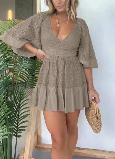 Summer Women Fashion Sexy Deep V Lace Patchwork Bat Sleeve Dress