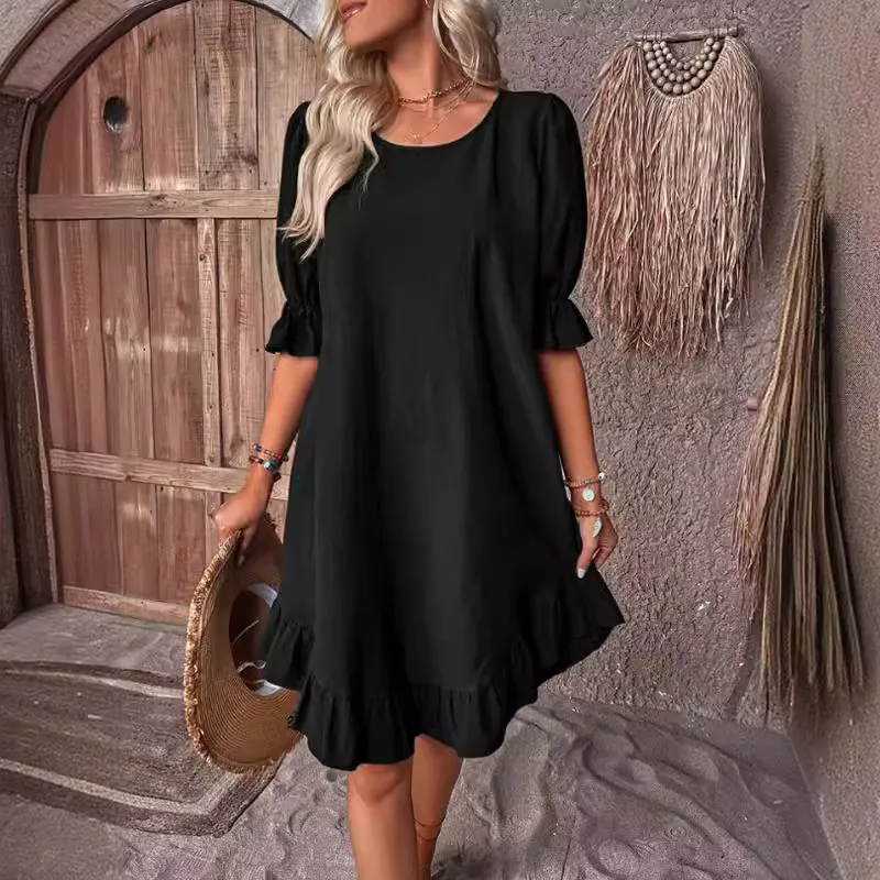 Summer Women Casual Solid Color Round Neck Loose Large Swing Dress