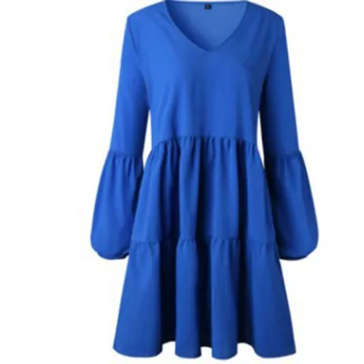 Women Sexy V-Neck Solid Color Long Sleeve Cotton Dress