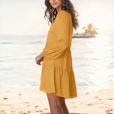 Women Sexy V-Neck Solid Color Long Sleeve Cotton Dress