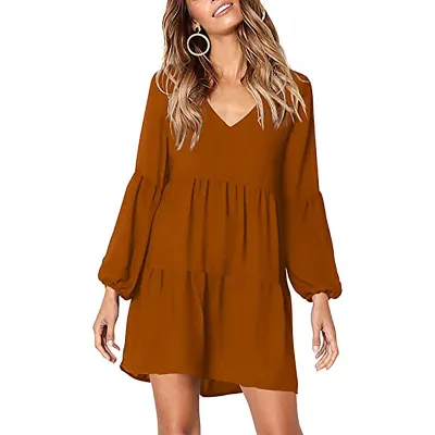 Women Sexy V-Neck Solid Color Long Sleeve Cotton Dress