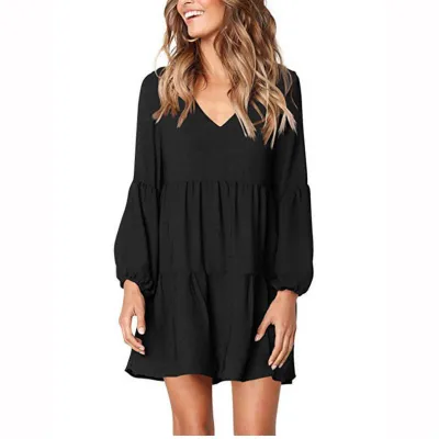 Women Sexy V-Neck Solid Color Long Sleeve Cotton Dress