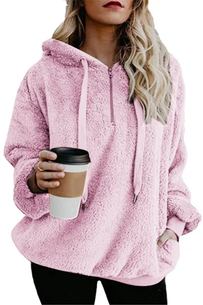 Autumn Winter Women Fashion Solid Color Plush Long Sleeve Hooded Sweater