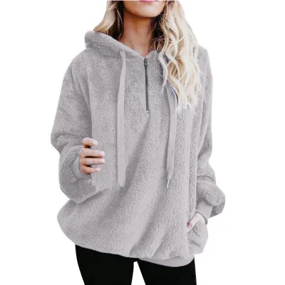 Autumn Winter Women Fashion Solid Color Plush Long Sleeve Hooded Sweater