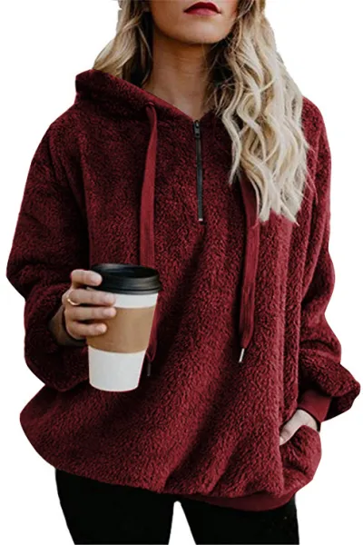 Autumn Winter Women Fashion Solid Color Plush Long Sleeve Hooded Sweater