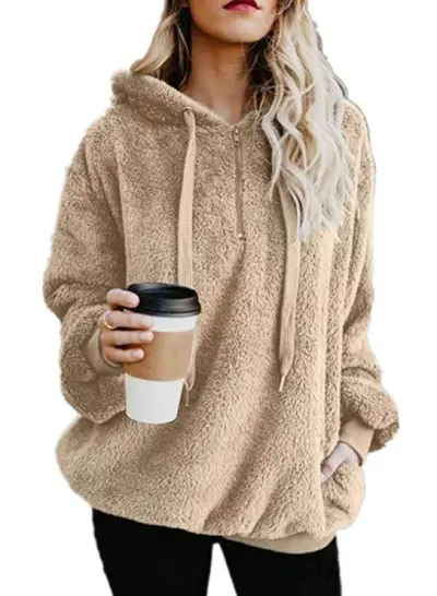 Autumn Winter Women Fashion Solid Color Plush Long Sleeve Hooded Sweater