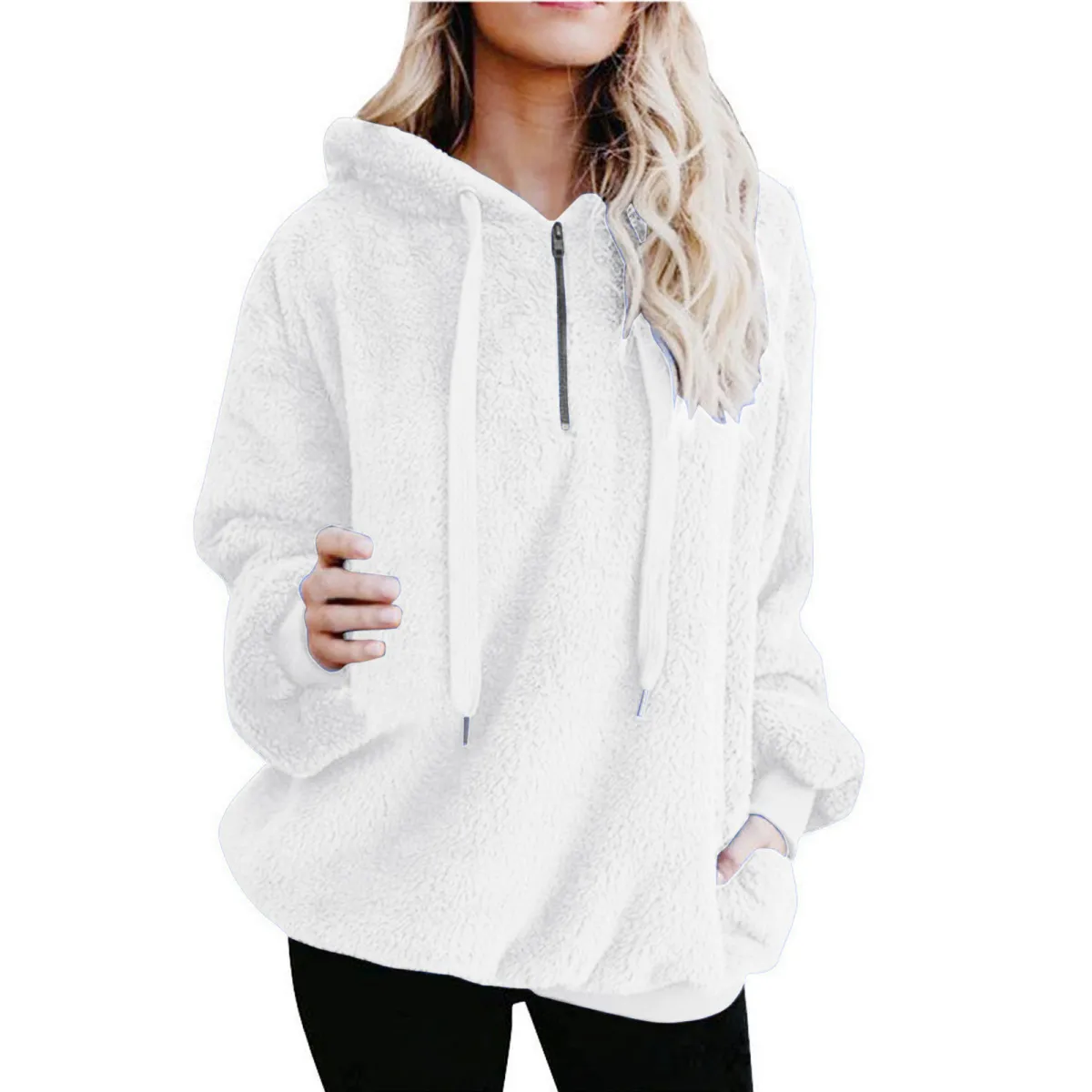 Autumn Winter Women Fashion Solid Color Plush Long Sleeve Hooded Sweater