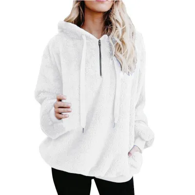 Autumn Winter Women Fashion Solid Color Plush Long Sleeve Hooded Sweater