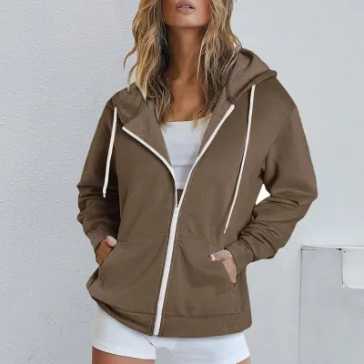 Women Casual Solid Color Drawstring Zipper Long Sleeve Hooded Sweatshirt Jacket