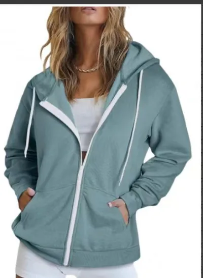 Women Casual Solid Color Drawstring Zipper Long Sleeve Hooded Sweatshirt Jacket