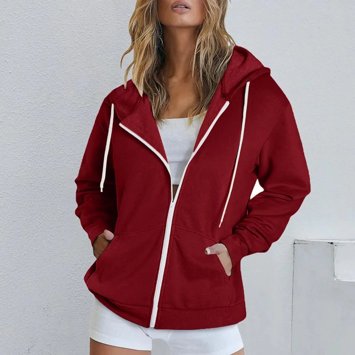 Women Casual Solid Color Drawstring Zipper Long Sleeve Hooded Sweatshirt Jacket