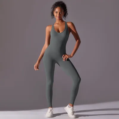 Women Casual Solid Color Backless Yoga Tight Jumpsuit