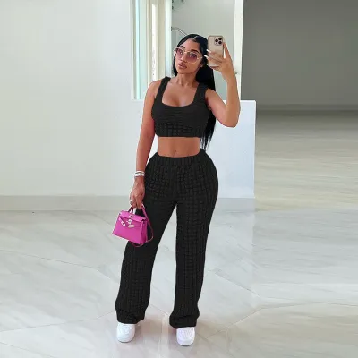 Women Fashion Solid Color Bubble Two-Piece Pants Set
