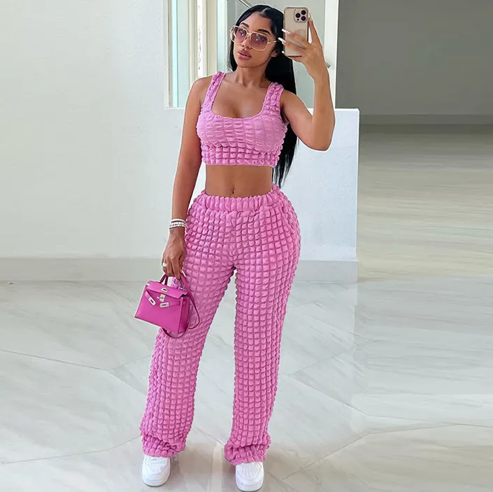 Women Fashion Solid Color Bubble Two-Piece Pants Set