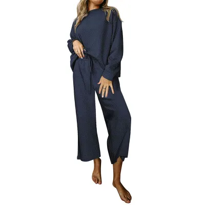 Women Fashion Solid Color Loose Sweater And Wide Leg Pants Two-Piece Set