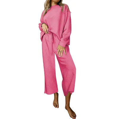 Women Fashion Solid Color Loose Sweater And Wide Leg Pants Two-Piece Set