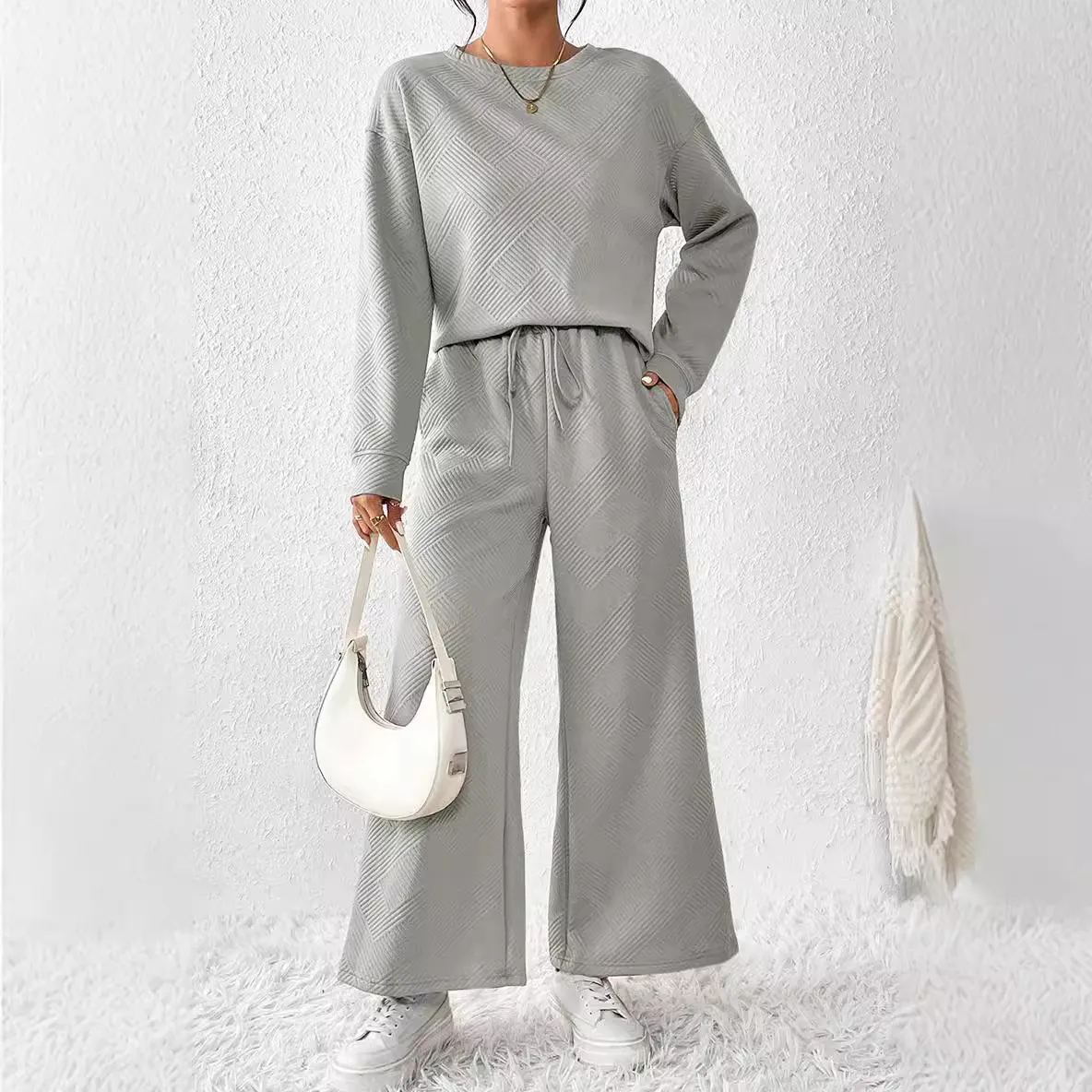 Women Fashion Solid Color Loose Sweater And Wide Leg Pants Two-Piece Set