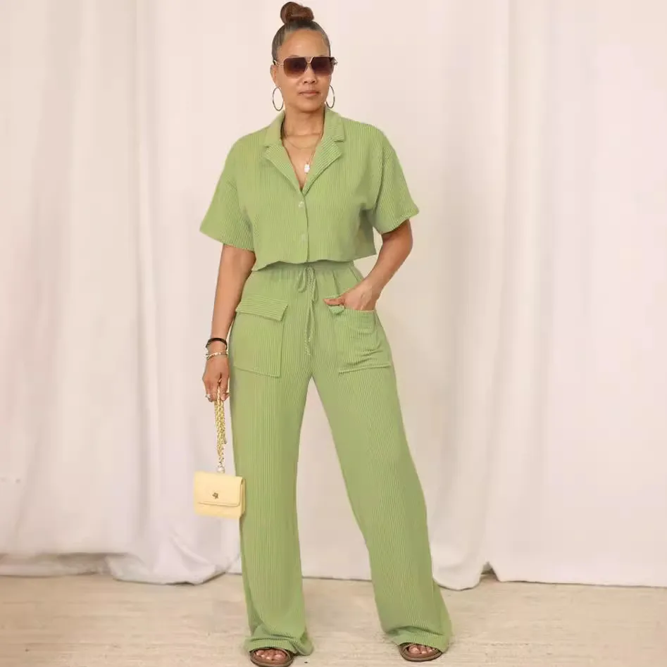 Women's Elegant Wind Solid Color Short Sleeve Shirt and Wide Leg Pants Two-Piece Set