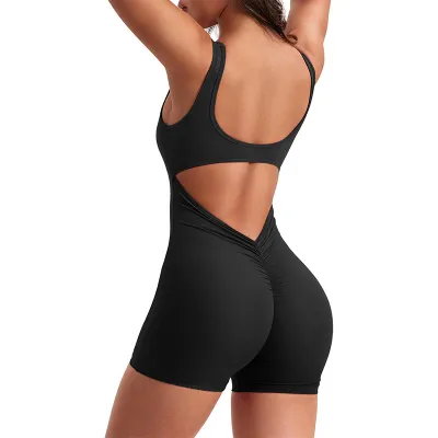 Women's Backless Hollow Tight Yoga Rompers - Solid Color Nylon Sportswear