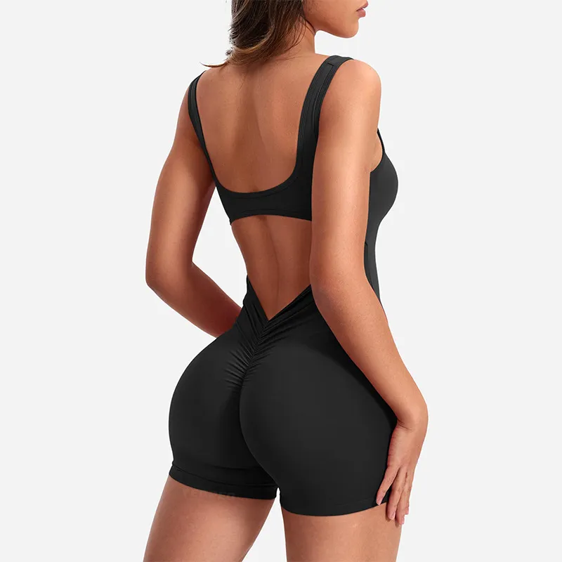 Women's Backless Hollow Tight Yoga Rompers - Solid Color Nylon Sportswear