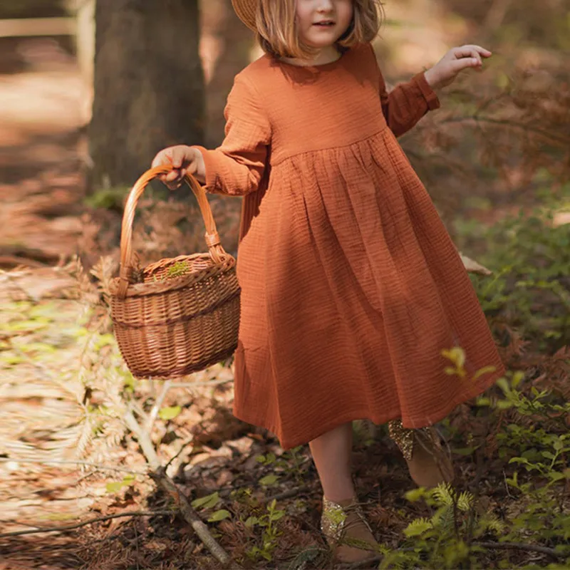 Kids Toddler Girls Casual Cute Solid Color Cotton Long Sleeve A-Line Dress