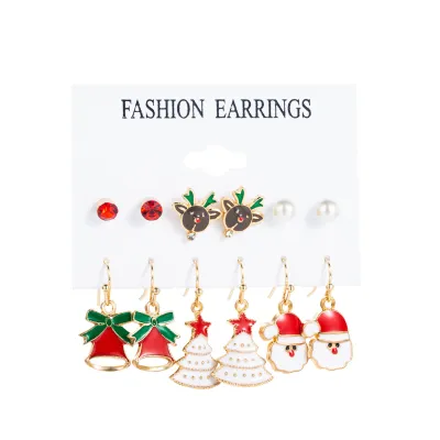 Women Fashion Christmas Snowflake Elk Earrings Set Fresh And Sweet Alloy Heart Bow