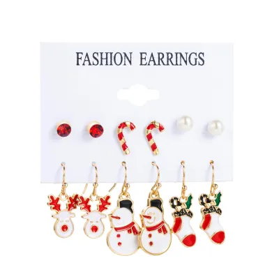 Women Fashion Christmas Snowflake Elk Earrings Set Fresh And Sweet Alloy Heart Bow