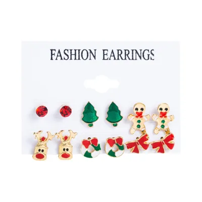 Women Fashion Christmas Snowflake Elk Earrings Set Fresh And Sweet Alloy Heart Bow