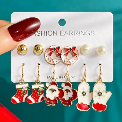 Women Fashion Christmas Snowflake Elk Earrings Set Fresh And Sweet Alloy Heart Bow