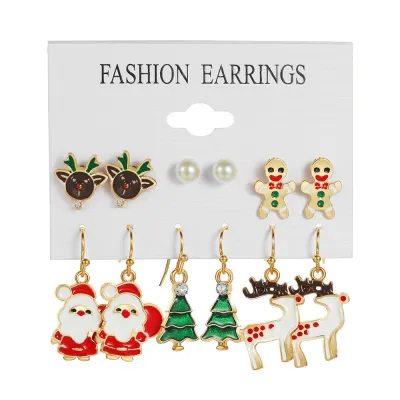 Women Fashion Christmas Snowflake Elk Earrings Set Fresh And Sweet Alloy Heart Bow