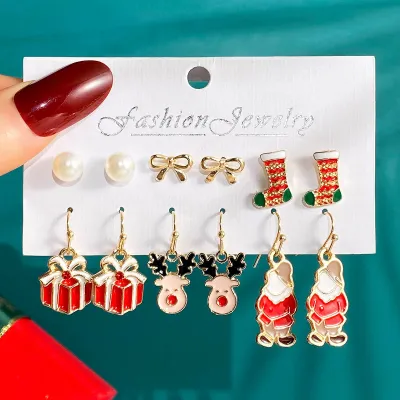 Women Fashion Christmas Snowflake Elk Earrings Set Fresh And Sweet Alloy Heart Bow