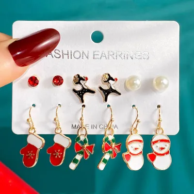 Women Fashion Christmas Snowflake Elk Earrings Set Fresh And Sweet Alloy Heart Bow