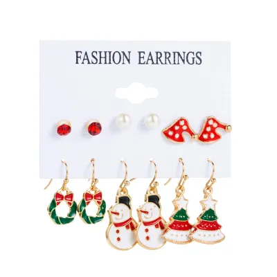 Women Fashion Christmas Snowflake Elk Earrings Set Fresh And Sweet Alloy Heart Bow