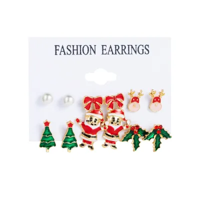 Women Fashion Christmas Snowflake Elk Earrings Set Fresh And Sweet Alloy Heart Bow