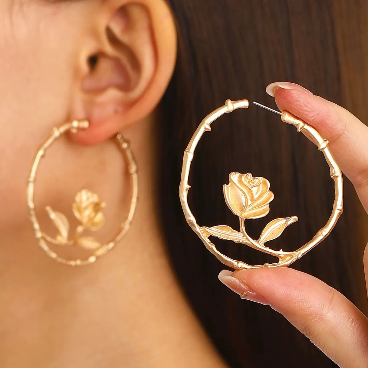 Temperament Alloy Hollow Rose Earrings Personality Geometry