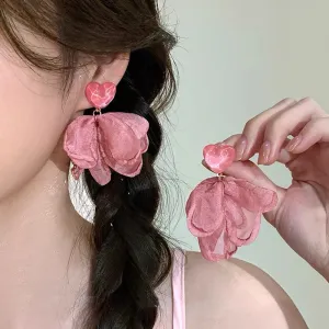 Fashion Sweet Heart-Shaped Floral Mesh Earrings