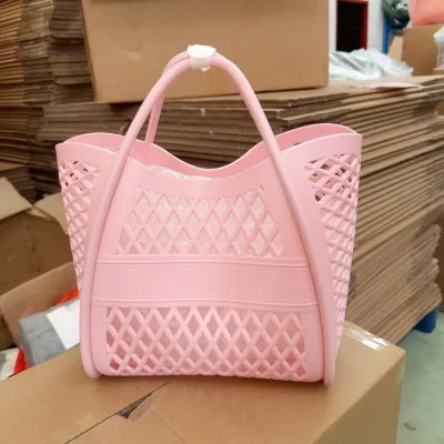 Fashionable Solid Color Large Capacity PVC Hollow Tote Bag with Single Strap
