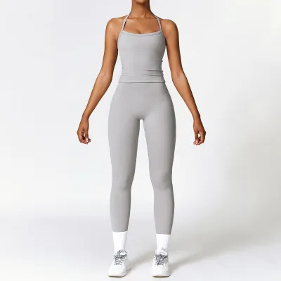 Women's Yoga Sports Two-Piece Set - Sleeveless Top and Tight-Fit Bottoms in Solid Color Sanding Fabric