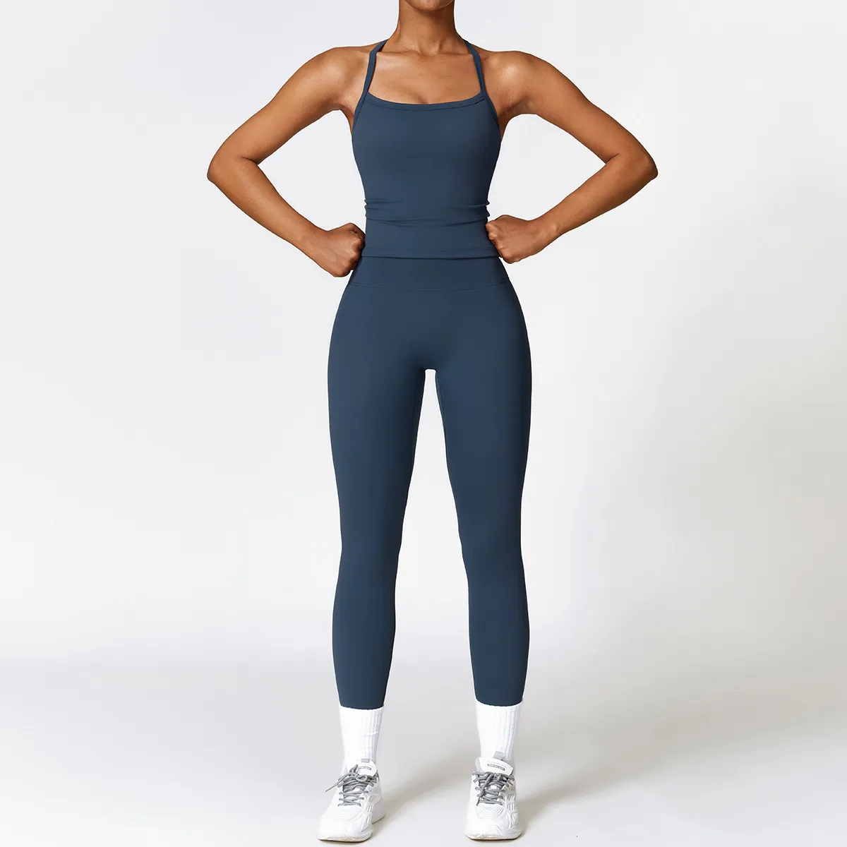 Women's Yoga Sports Two-Piece Set - Sleeveless Top and Tight-Fit Bottoms in Solid Color Sanding Fabric
