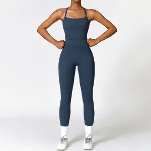 Women's Yoga Sports Two-Piece Set - Sleeveless Top and Tight-Fit Bottoms in Solid Color Sanding Fabric