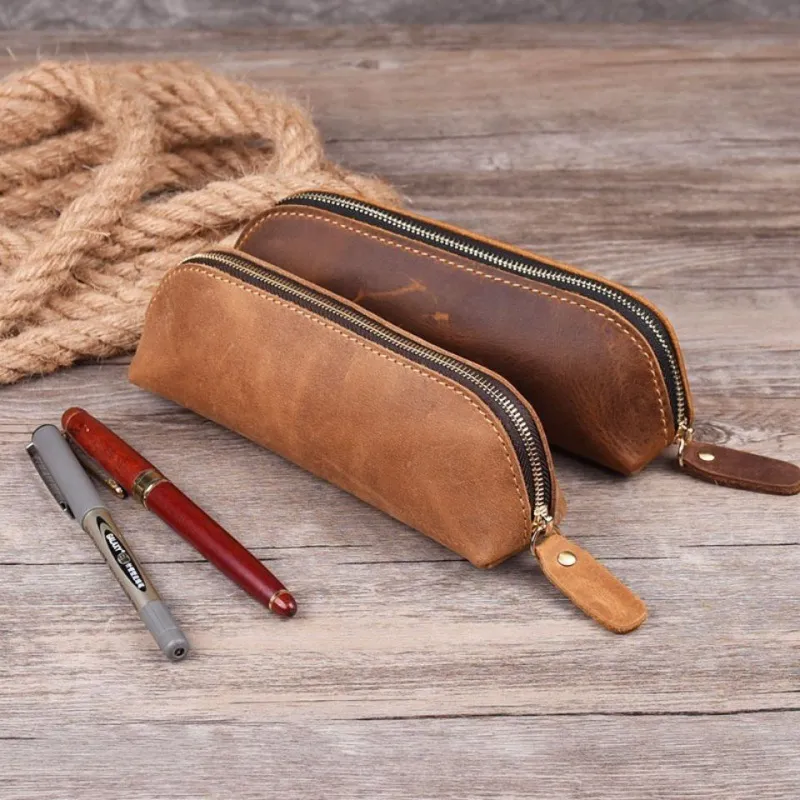 Simple Retro Leather Zipper Pencil Case