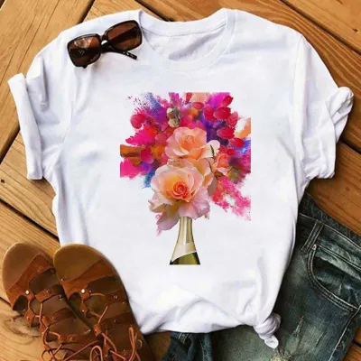 Summer Women's Wine Cup Butterfly Floral Print Round Neck Sleeveless T-Shirt