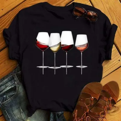 Summer Women's Wine Cup Butterfly Floral Print Round Neck Sleeveless T-Shirt