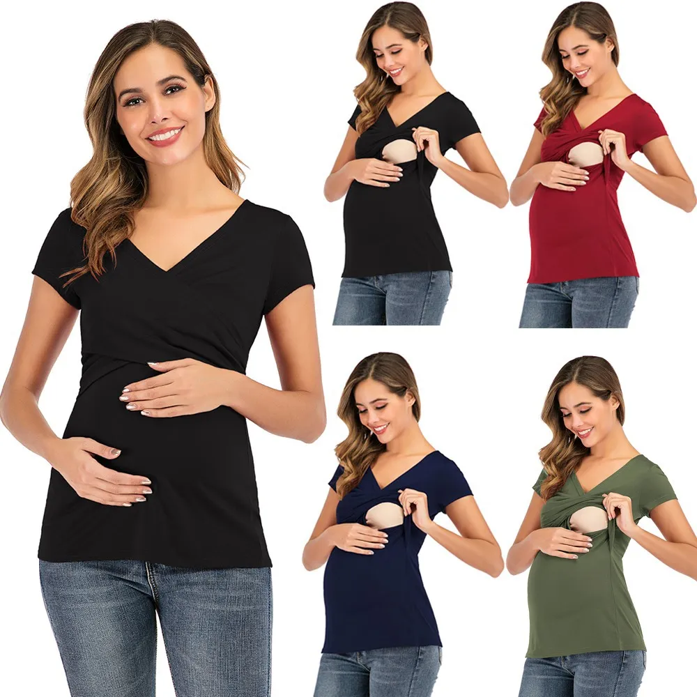 Summer Women Fashion Solid Color Deep V Cross Short Sleeve Breastfeeding Maternity Top
