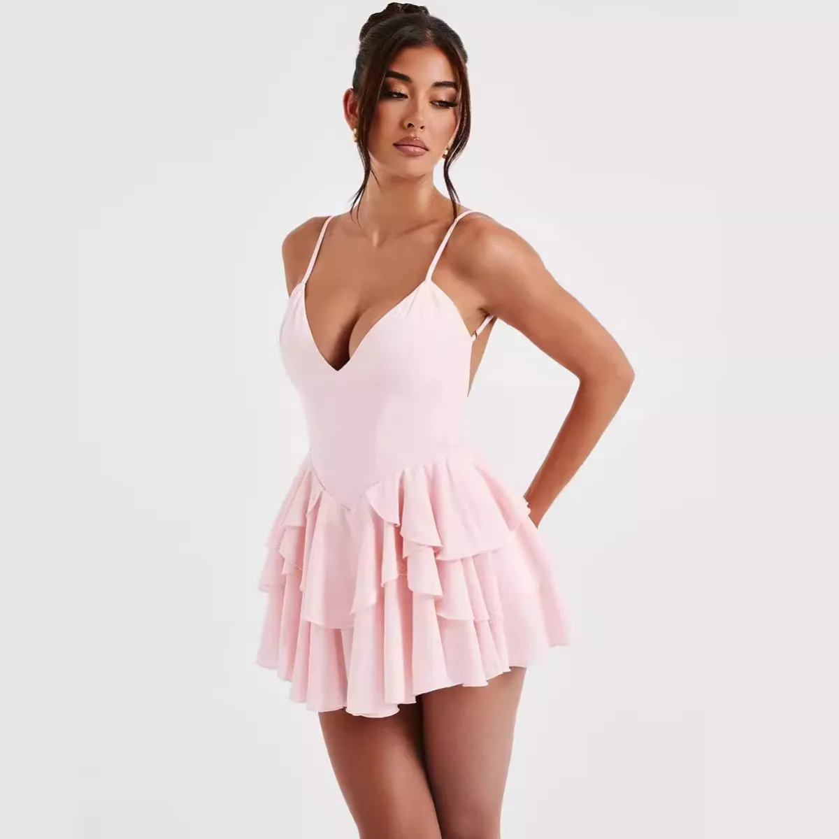 Women Sexy Solid Color V-Neck Backless Ruffled Strap A- Line Dress