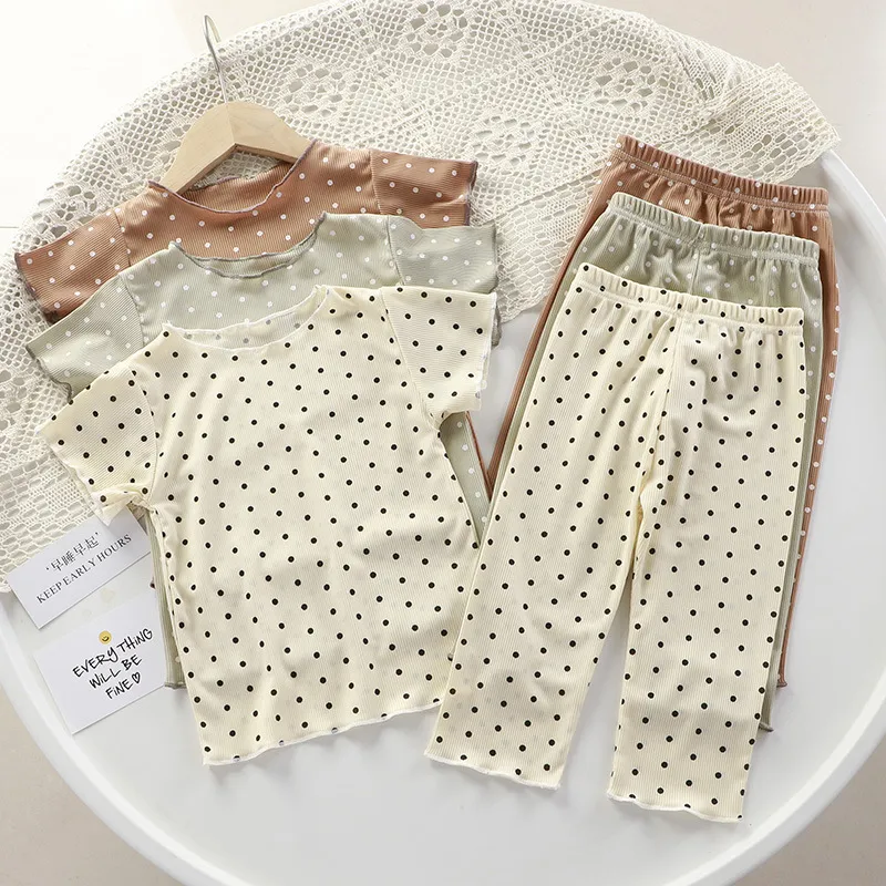 Kids Toddler Big Girls Fashion Casual Polka Dot Print Short Sleeve Top Trousers Set