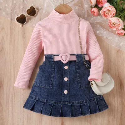 Kids Toddler Girls Fashion Casual Cute Solid Color Long Sleeve Turtle Neck Knitted Top Denim Skirt Set